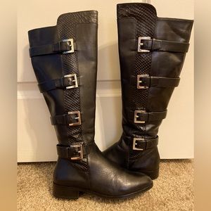 MICHAEL KORS “Tamara” black leather buckled full zipper tall flat boots